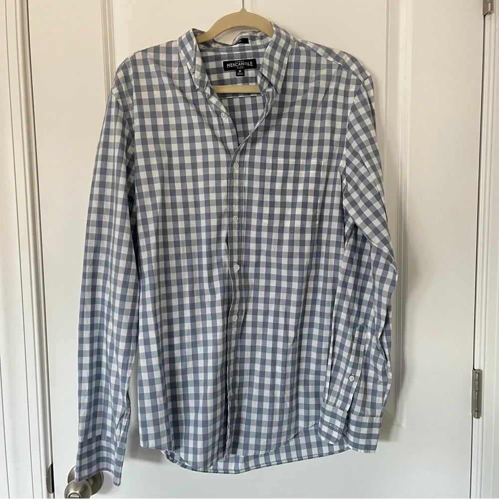 J.Crew Mens Medium Slim Light Blue Gray Long Sleeve Gingham Checkered Button Up